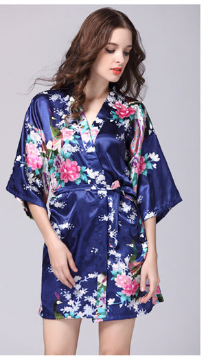 Navy Blue Floral Printed Sleepwear for Women - 1 Piece Nightwear with Belt