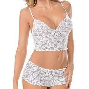 White Strappy Womens Transparent Lace Bra and Panty Sets - 2 Piece Matching Lingerie Set for Women