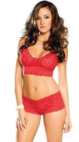 Red Strappy Womens Transparent Lace Bra and Panty Sets - 2 Piece Matching Lingerie Set for Women