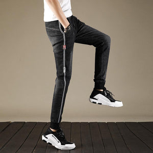 Black Slim Fit Jogger Jeans For Men - Fashion Skinny Cotton Sweatpants Zipper with Pockets