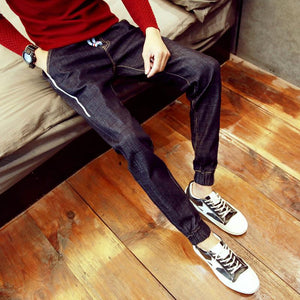 Blue Slim Fit Jogger Jeans For Men - Fashion Skinny Cotton Sweatpants Zipper with Pockets