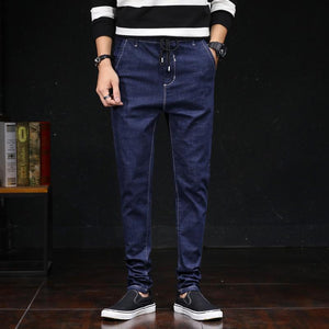 Casual Navy Blue Slim Fit Jogger Jeans For Men - Fashion Skinny Cotton Sweatpants Zipper with