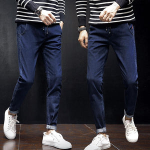 Navy Blue Slim Fit Jogger Jeans For Men - Fashion Skinny Cotton Sweatpants Zipper with Pockets