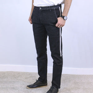 Black Vertical Strip Slim Fit Jogger Jeans For Men - Fashion Skinny Cotton Sweatpants Zipper with