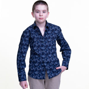 Dark Blue Snow Patterned Boys Floral Hawaiian Shirts - Tropical Long Sleeve Shirts for Casual Look