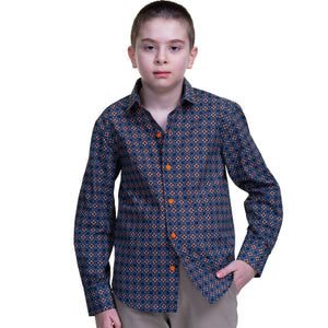 Blue Textured Orange White Dots Boys Floral Hawaiian Shirts - Tropical Long Sleeve Shirts for Casual