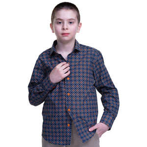 Blue Textured Orange White Dots Boys Floral Hawaiian Shirts - Tropical Long Sleeve Shirts for Casual