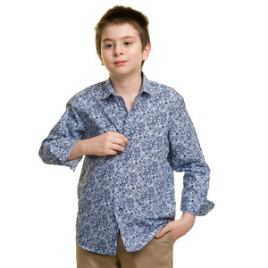 Grey With Blue Textured Boys Floral Hawaiian Shirts - Tropical Long Sleeve Shirts for Casual Look