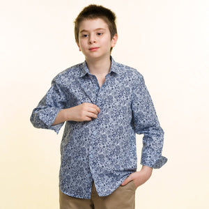 Grey With Blue Textured Boys Floral Hawaiian Shirts - Tropical Long Sleeve Shirts for Casual Look