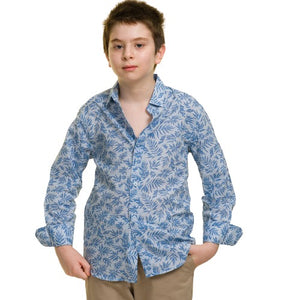 White With Blue Textured Boys Floral Hawaiian Shirts - Tropical Long Sleeve Shirts for Casual Look