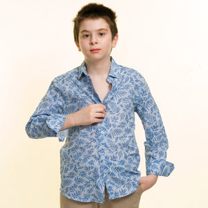 White With Blue Textured Boys Floral Hawaiian Shirts - Tropical Long Sleeve Shirts for Casual Look