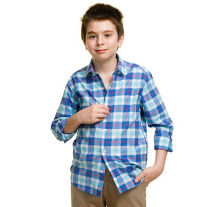 Dark Blue Checked With Red Lines Boys Floral Hawaiian Shirts - Tropical Long Sleeve Shirts for