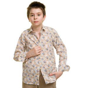 Wheat Colored With Puple & Yellow Floral Boys Floral Hawaiian Shirts - Tropical Long Sleeve Shirts