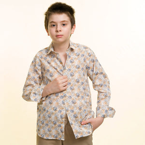 Wheat Colored With Puple & Yellow Floral Boys Floral Hawaiian Shirts - Tropical Long Sleeve Shirts