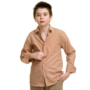 Peach Colored With Lines Boys Floral Hawaiian Shirts - Tropical Long Sleeve Shirts for Casual Look