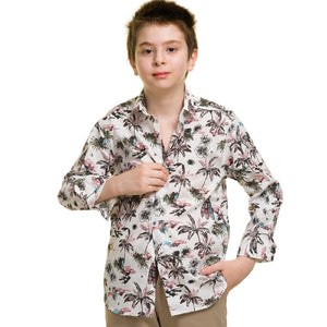 Light Grey With Multicolor Palm Tree Boys Floral Hawaiian Shirts - Tropical Long Sleeve Shirts for