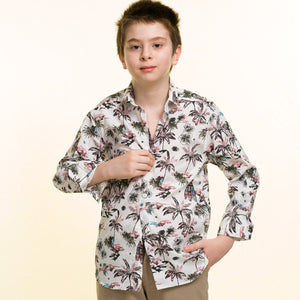 Light Grey With Multicolor Palm Tree Boys Floral Hawaiian Shirts - Tropical Long Sleeve Shirts for