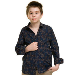 Black and Brown Textured Boys Floral Hawaiian Shirts - Tropical Long Sleeve Shirts for Casual Look