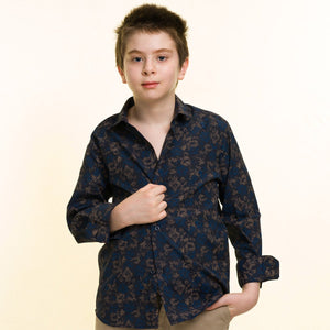 Black and Brown Textured Boys Floral Hawaiian Shirts - Tropical Long Sleeve Shirts for Casual Look