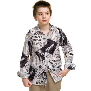 Balck & White Newspaper Style Boys Floral Hawaiian Shirts - Tropical Long Sleeve Shirts for Casual