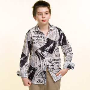 Balck & White Newspaper Style Boys Floral Hawaiian Shirts - Tropical Long Sleeve Shirts for Casual