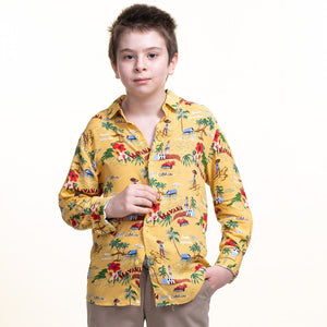 Yellow Village Textured Boys Floral Hawaiian Shirts - Tropical Long Sleeve Shirts for Casual Look