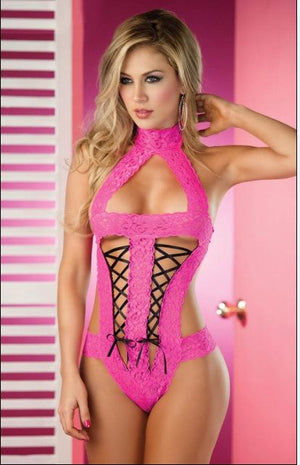 Pink 1 Piece Womens Dress Lace Fishnet Teddies - Sleepwear Lingerie Bodysuits with G-String