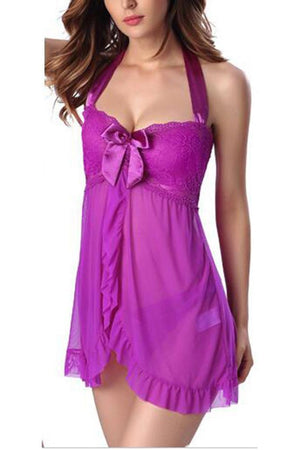 Purple 1 Piece Womens Lace Babydolls Sets - Low Cut Chemise Lingerie Set Sleepwear for Women