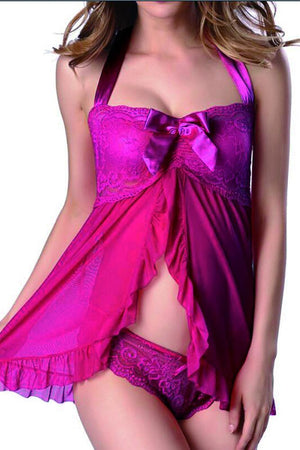 Fushia 2 Piece Womens Lace Babydolls Sets - Low Cut Chemise Lingerie Set Sleepwear for Women