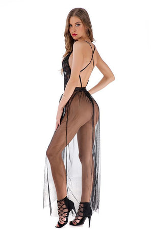 Black Bodysuit Long Mesh Sexy Maxi Long night dress - G string 2 Piece Set with Bottom & Mesh - Celino Corp.
