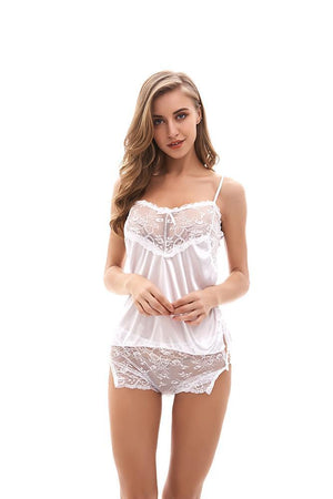 White 2 Piece Womens Lace Babydolls Sets - Low Cut Chemise Lingerie Set Sleepwear for Women
