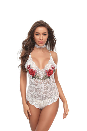 White 1 Piece Womens Dress Lace Fishnet Teddies - Sleepwear Lingerie Bodysuits with G-String