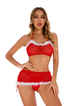 Christmas Red & White Women's Elegantly Embroidered - Sleepwear Lingerie Bodysuits with G-String