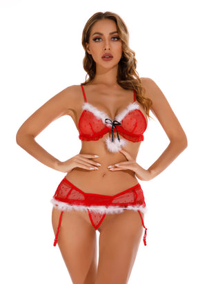 Christmas Styled One Size Fit Women's Elegantly Embroidered - Sleepwear Lingerie Bodysuits with G-String