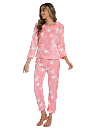 Pink Autumn Long Sleeve Flannel Sleepwear Set