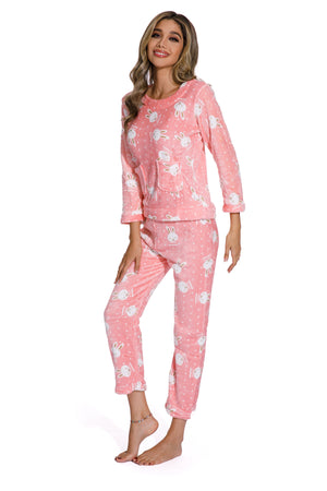 Pink Autumn Long Sleeve Flannel Sleepwear Set