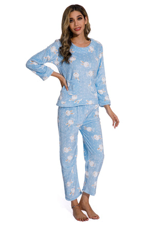 Blue 2 Piece Cartoon Printed Sleepwear set