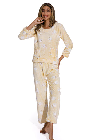 Yellow-Cute Rabbit print Sleepsuit