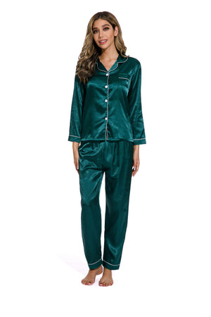 Green -Long Sleeve Women Pure Color Like Silk Sleepwear set