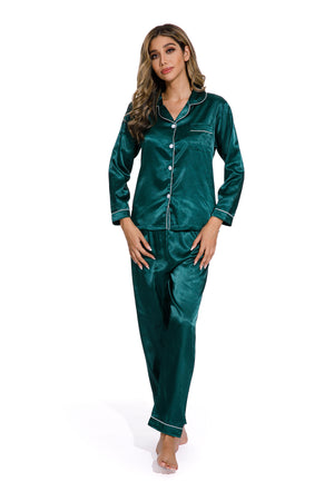 Green -Long Sleeve Women Pure Color Like Silk Sleepwear set