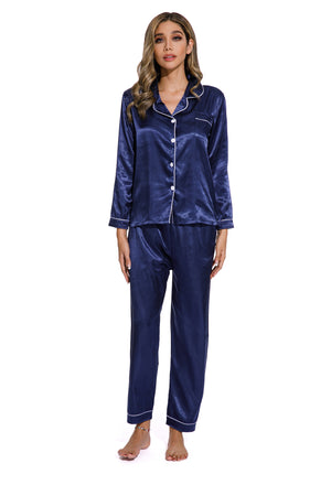 Blue-Spring Autumn Long Sleeve Women Pure Color Like Silk Sleepsuit