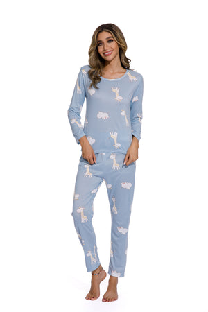 Blue-Long sleeve Giraffe Print Sleepsuit