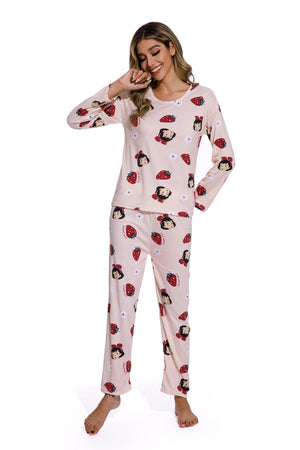 Spring Autumn Strawberry Print  Sleepwear set