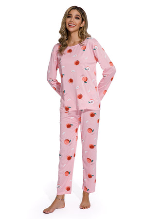 Long Sleeve Round Neck Peach Print Pajama Set