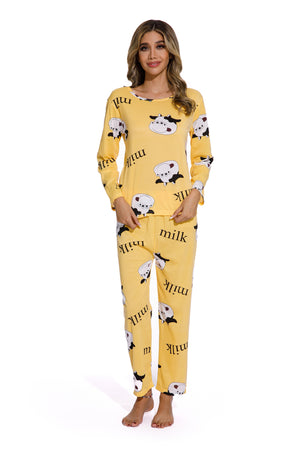Yellow -Long Sleeve  women Cartoon Sleepwear Set