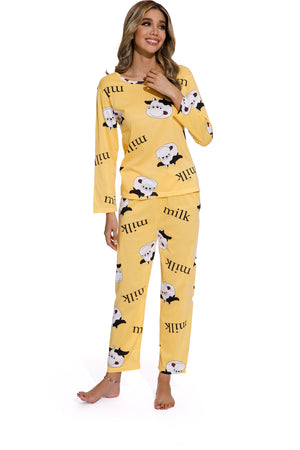 Yellow -Long Sleeve  women Cartoon Sleepwear Set