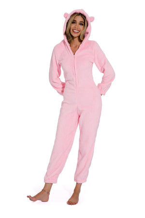 Pink-Women Solid Color hooded one-piece pajamas
