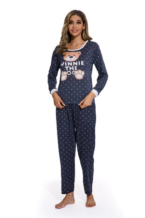 Ladies Round Neck Cartoon Bear Pajamas Set