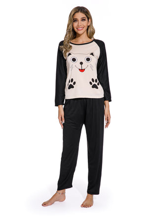 Long Sleeve Smiley Cat Print Sleepwear Set
