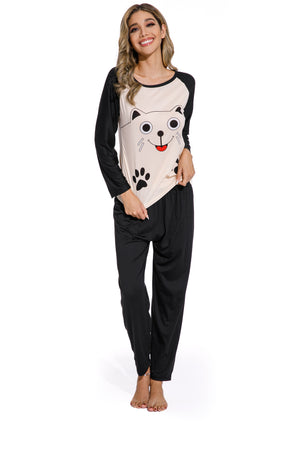 Long Sleeve Smiley Cat Print Sleepwear Set